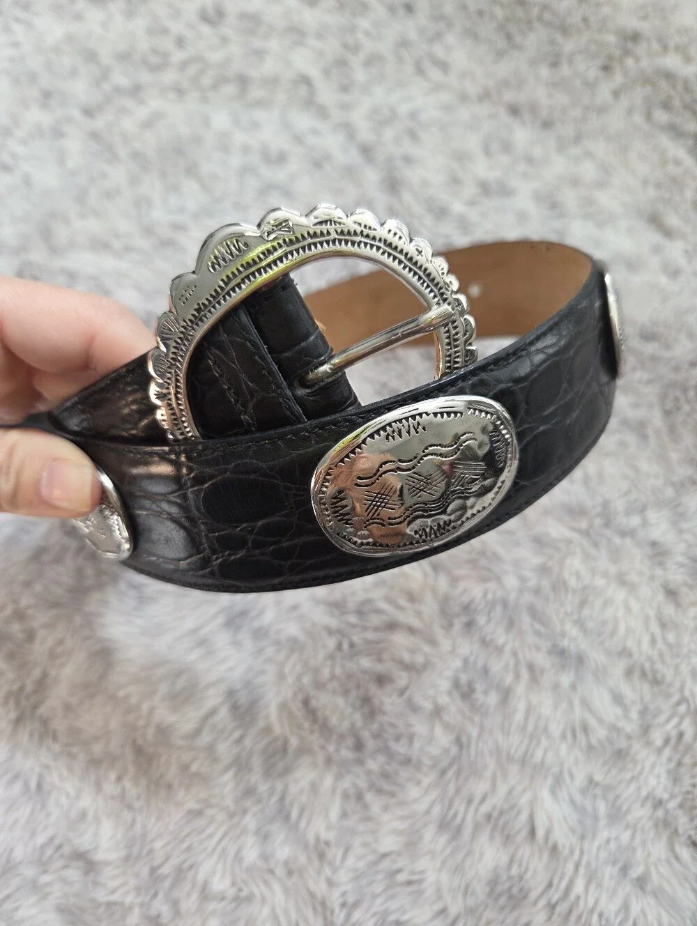 Vintage Harold's Black Croc Embossed Leather Western Concho Belt, Made in Italy